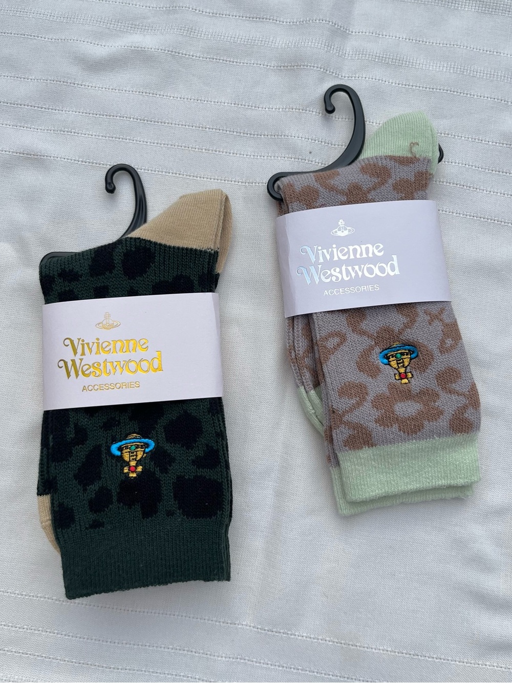 Vivienne Westwood Leopard Crew Socks in Dark Green & Taupe Medium